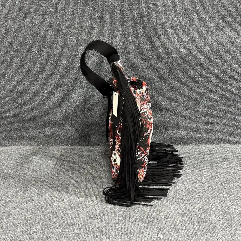 Ed Hardy Hobo Bag Womens Medium Black Red Skull Fringe Tattoo Rock Shoulder